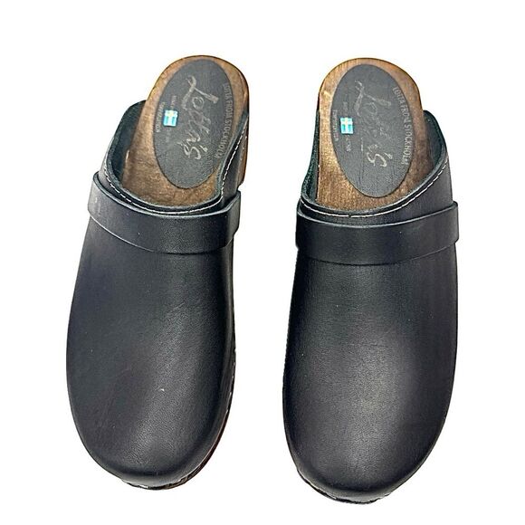 Lotta From Stockholm Black Leather Clogs w/ Brown Base EU 38 US 7.5 Strap EUC - Picture 9 of 11